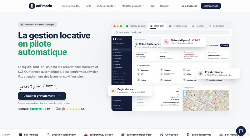 Page d'accueil d'adProprio : titre « La gestion locative en pilote automatique » à côté d'une capture du tableau de bord.